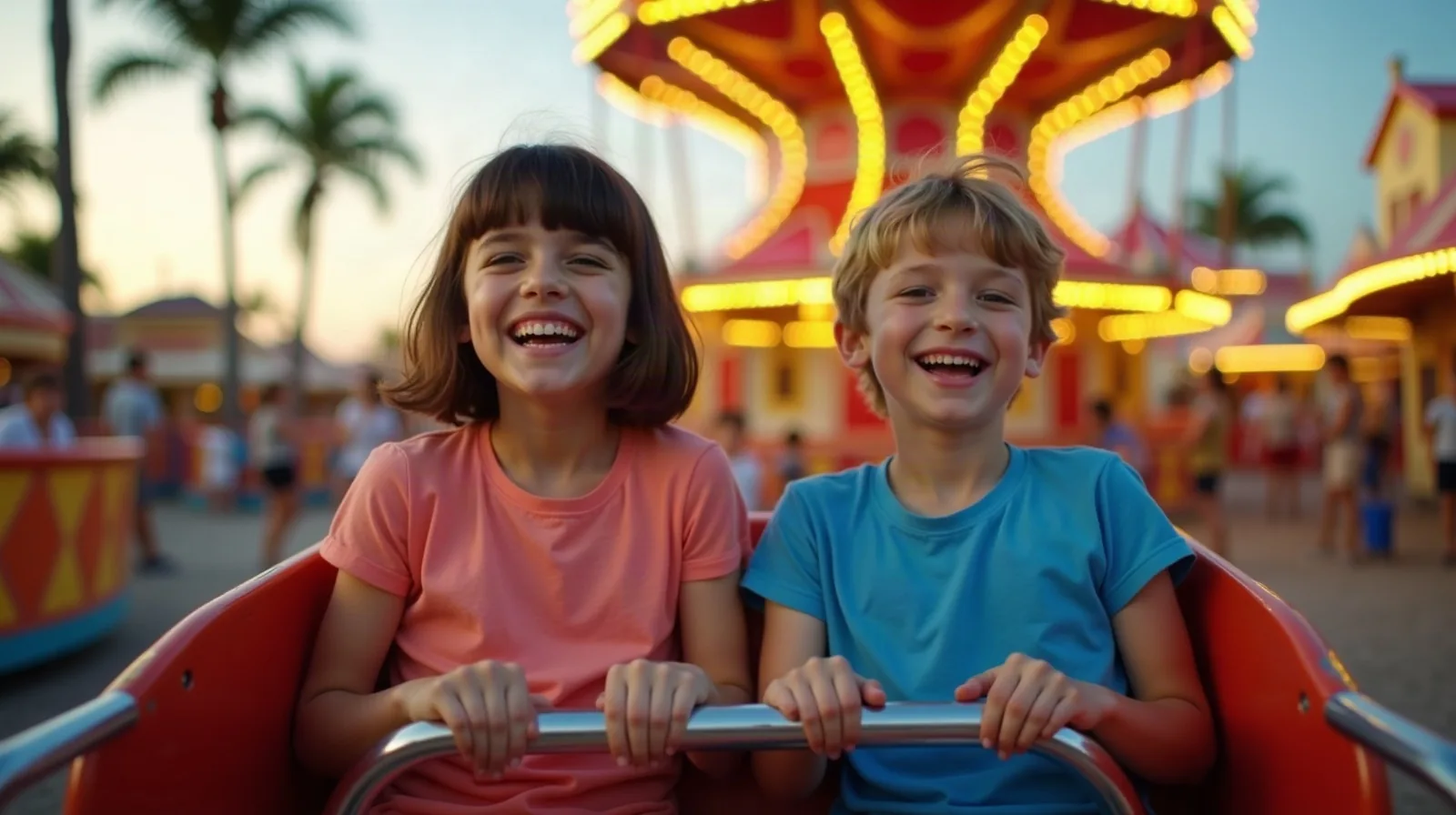Two laughing kids sitting in a swing ride with glowing carnival lights behind them