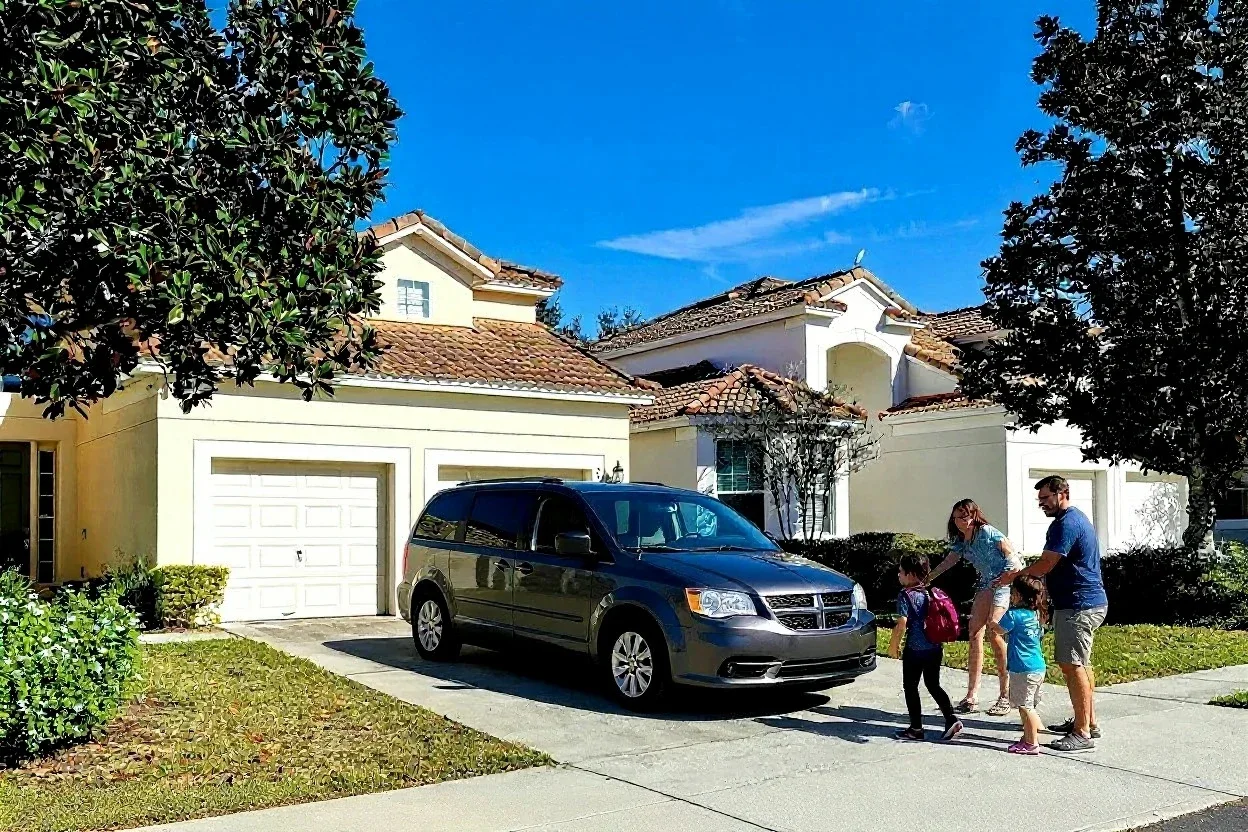 A family getting into a rideshare minivan in the driveway of a Windsor Hills vacation home