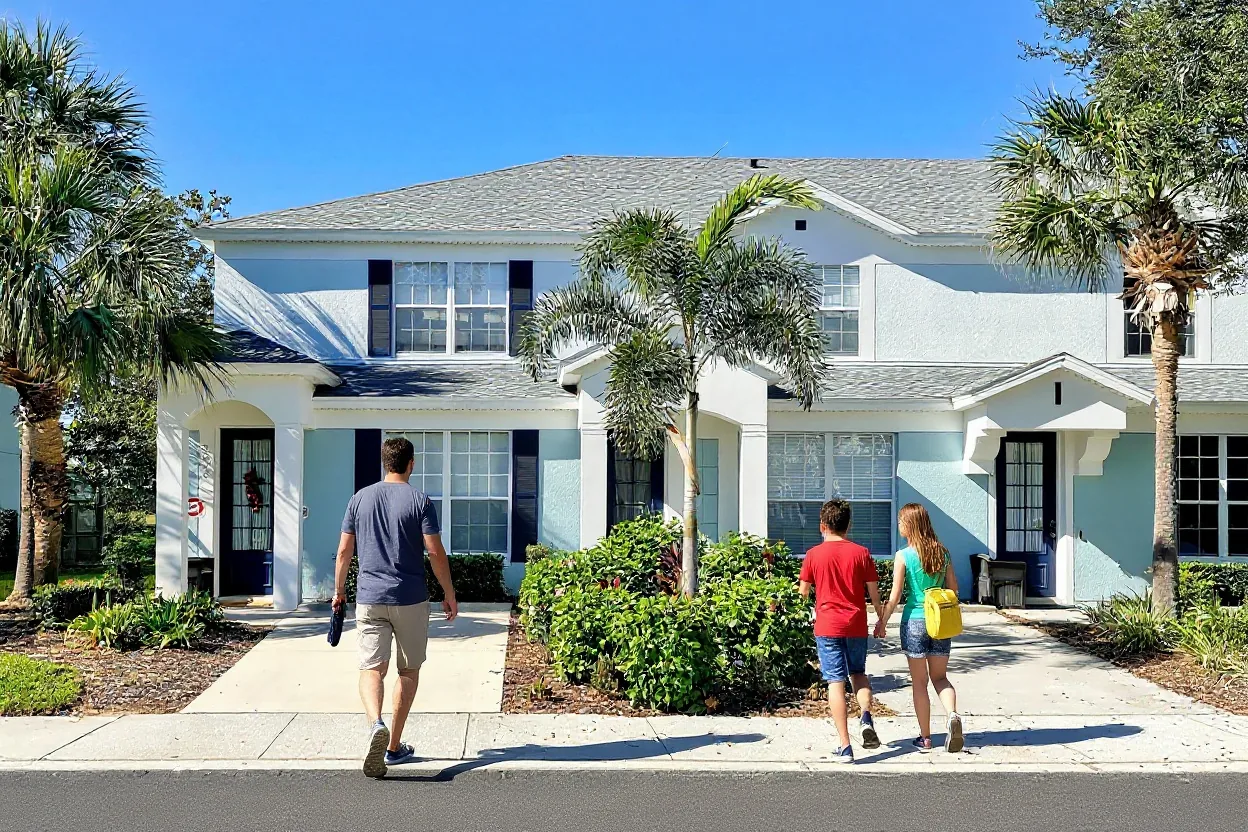 A family with small backpacks walking along the sidewalk in front of a Windsor Hills townhouse on their way out for a park day
