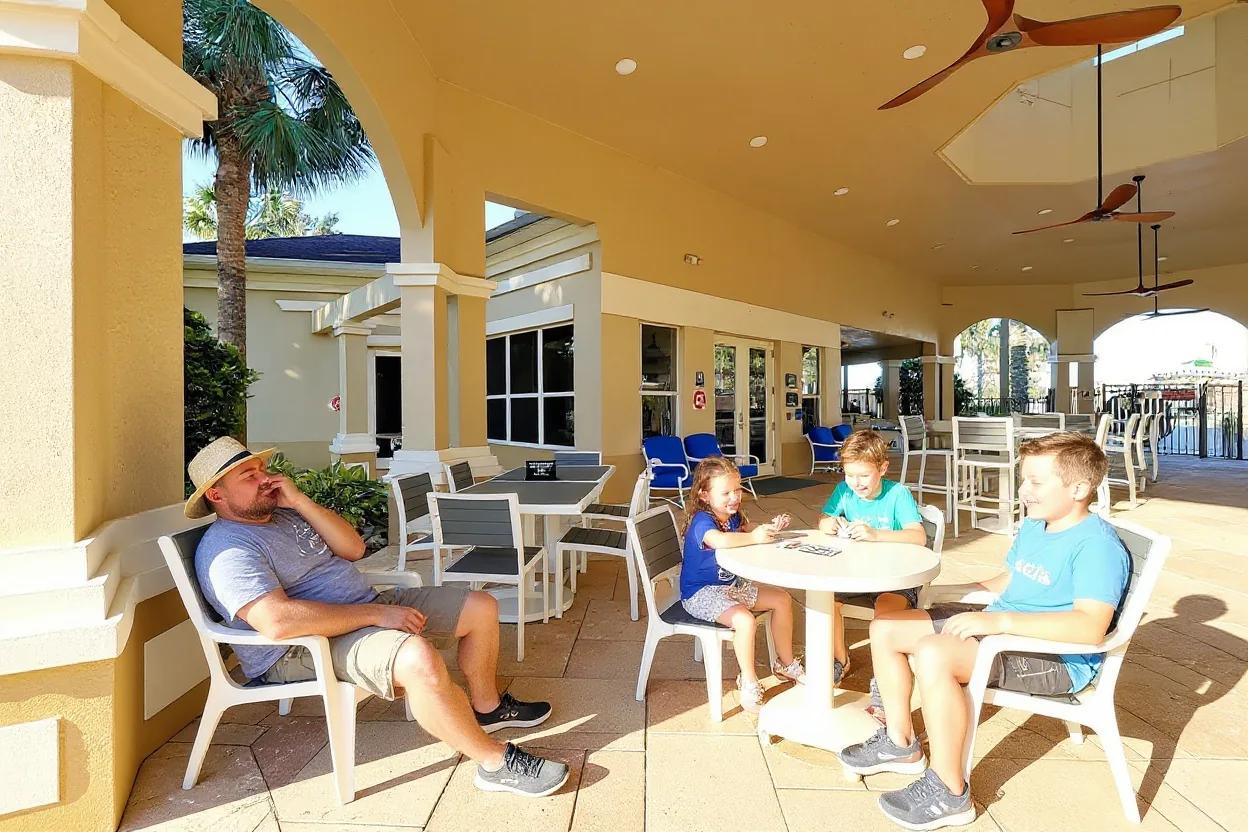 An ordinary dad dozing in one of the existing chairs with a hat over his face while two kids in plain t-shirts quietly play cards at the existing