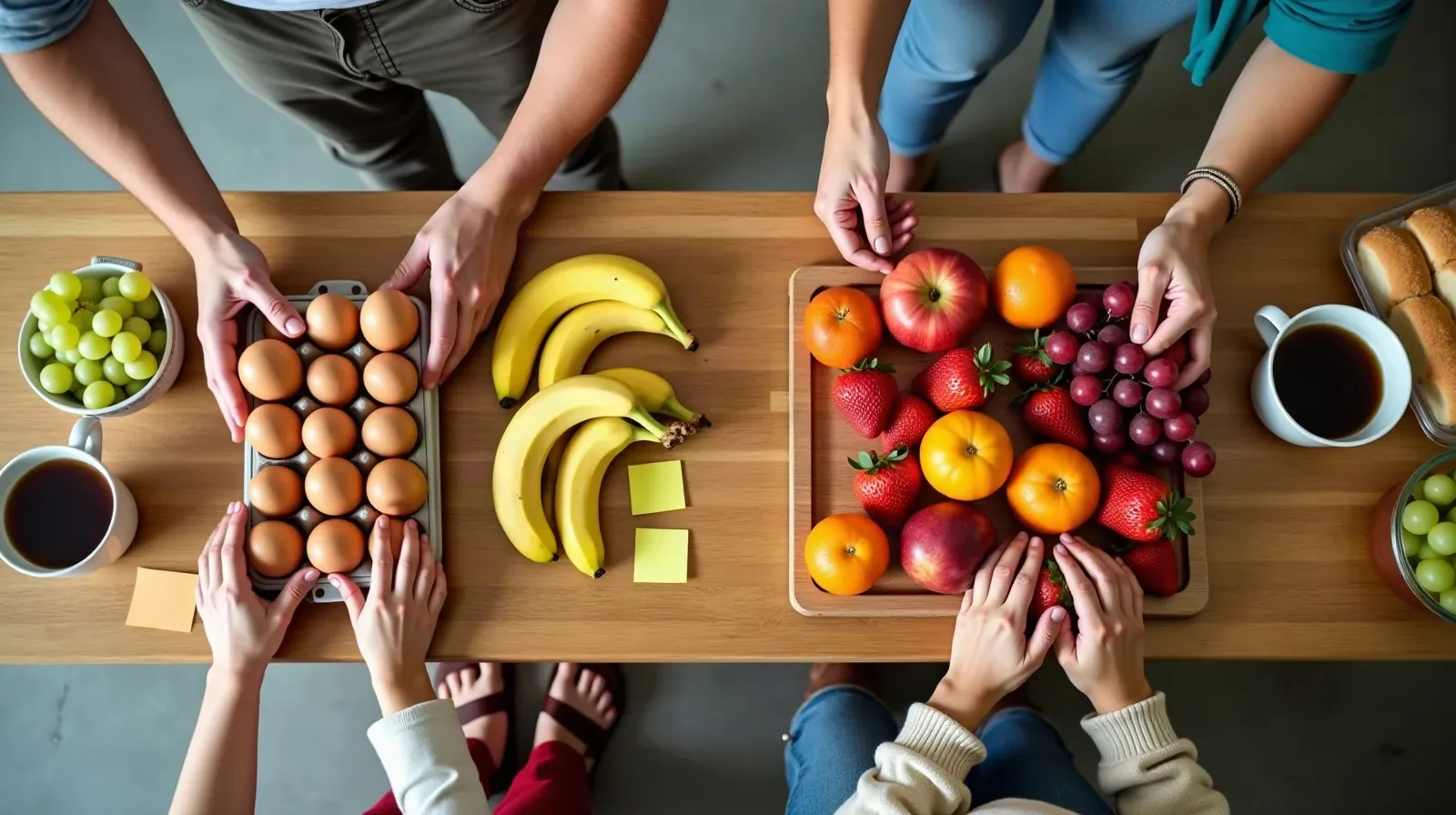 Two adults sorting a shared grocery haul on a kitchen counter