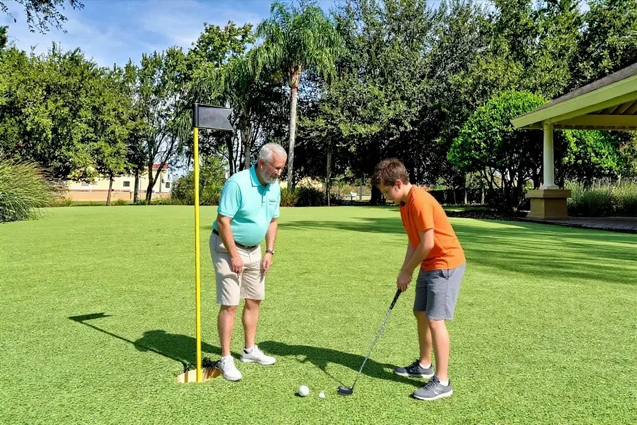 A dad and son playing on the putting green at Windsor Hills Resort