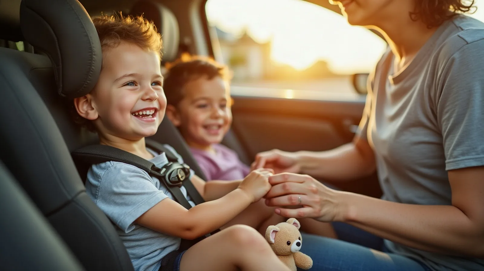 Close-up of a parent's hands buckling a smiling toddler in a t-shirt into a car seat in the back of a car, warm sunlight through the window, a small