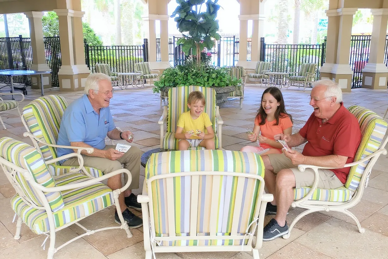 Real-looking grandparents in their seventies playing a card game with two grandkids at the existing patio chairs and small table, everyone