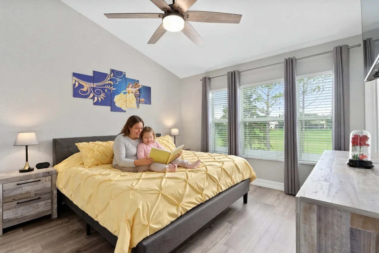 An ordinary mom sitting on the existing bed reading a bedtime story to two kids in pajamas snuggled beside her