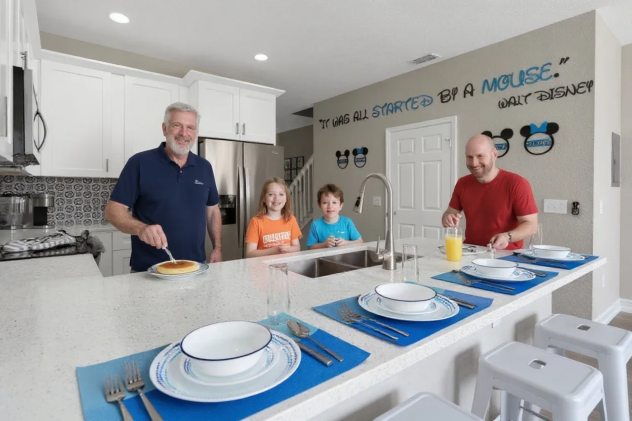 Two ordinary dads cooking pancakes and eggs together at the existing kitchen counter while three kids from two families sit at the existing