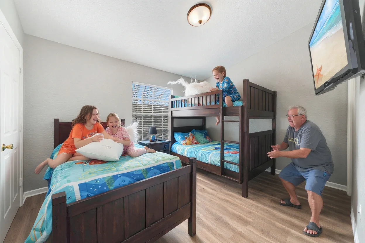 Two kids in pajamas having a gentle pillow fight on the existing bunk beds, laughing, with feathers not flying