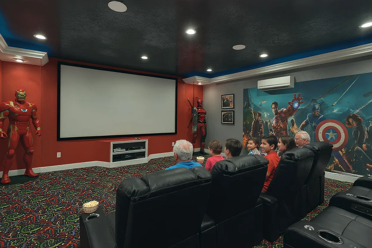 A big extended family of ten settling into the existing theater recliners for a movie night with bowls of popcorn, grandparents, parents