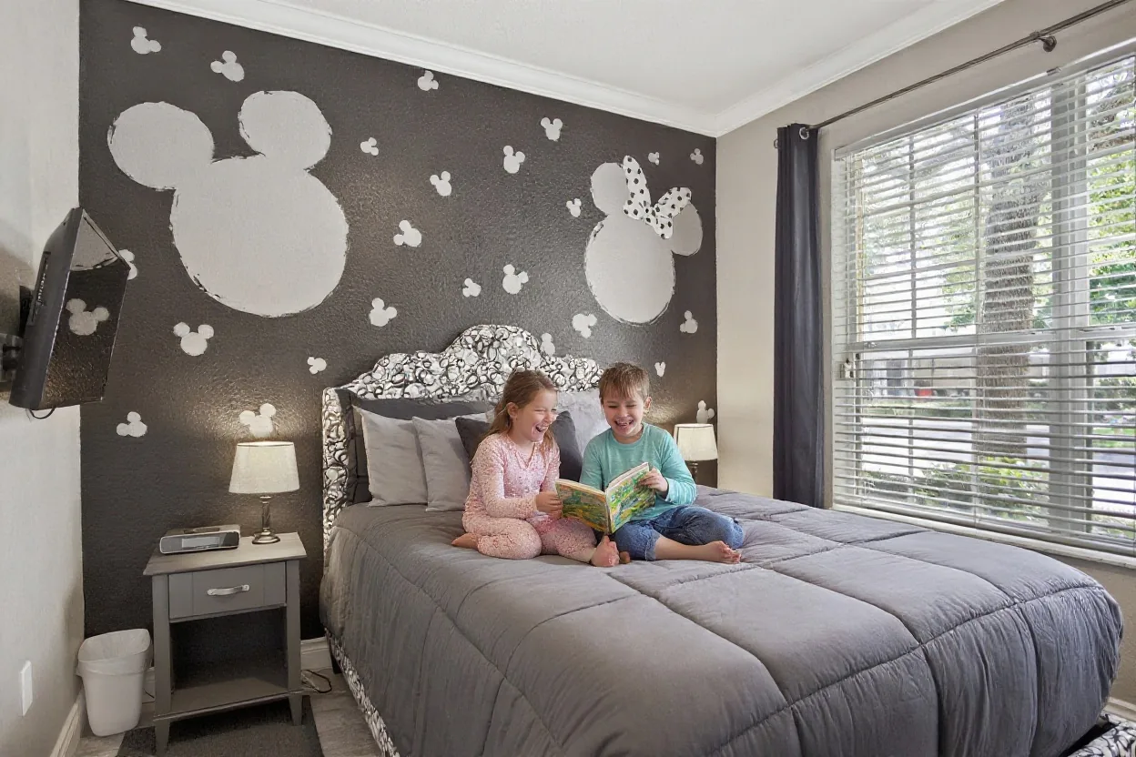 Two kids in pajamas sitting on the existing bed having a quiet giggle over a picture book