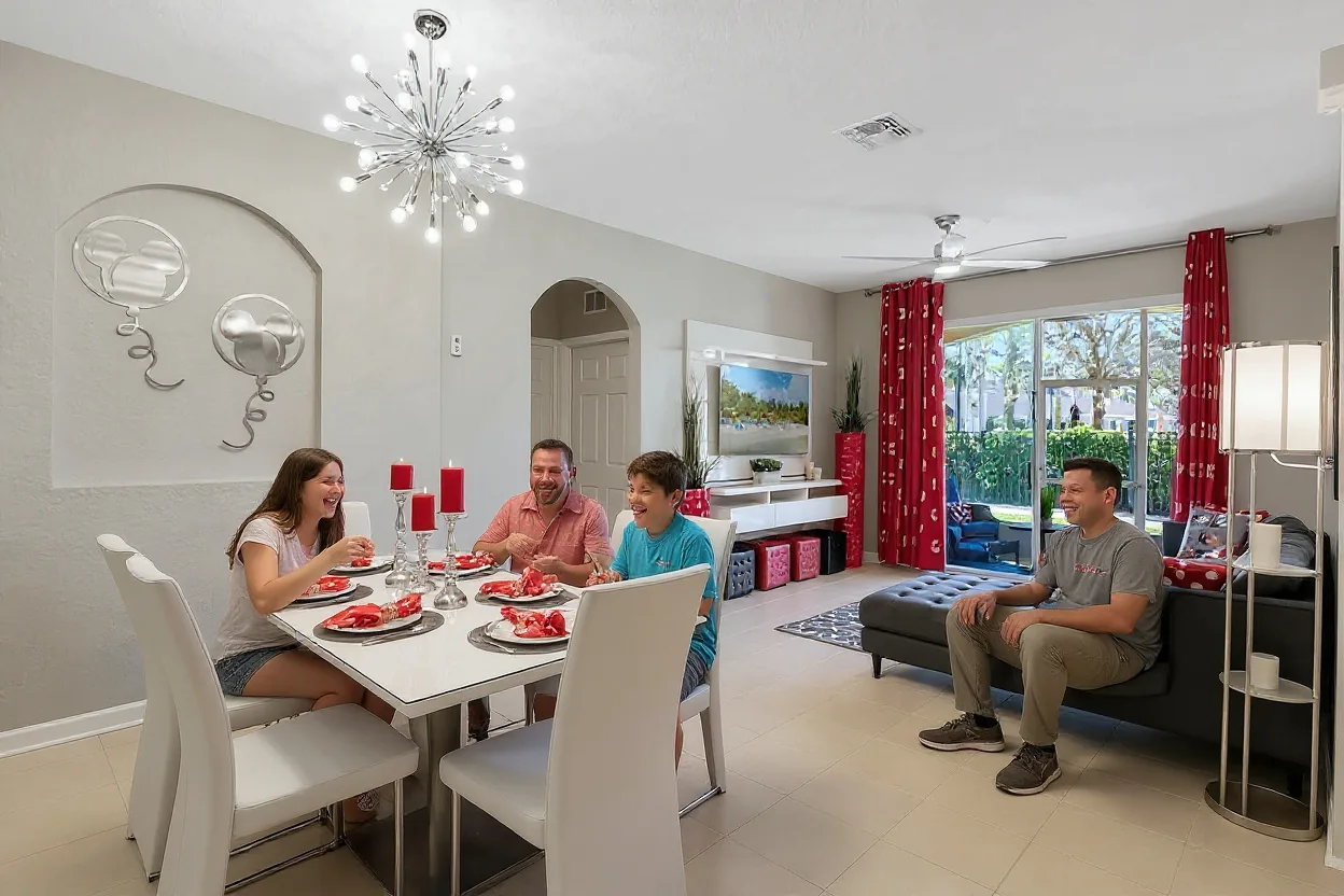 An ordinary family of five, two parents and three kids of different ages, gathered around the existing dining table sharing a casual lunch