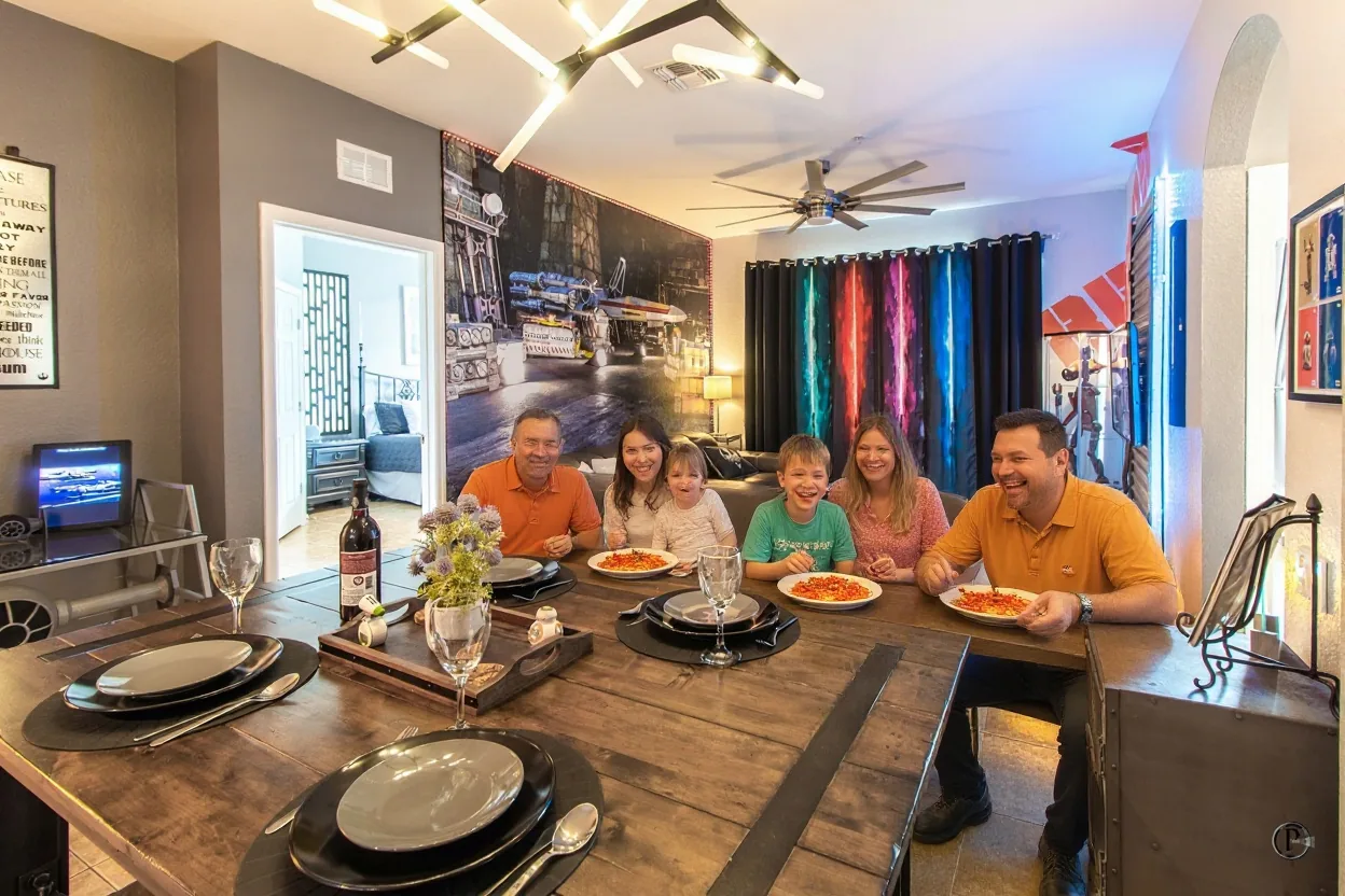 An ordinary family of six, two parents and four kids, sitting at the existing dining table sharing a spaghetti dinner and laughing, all in
