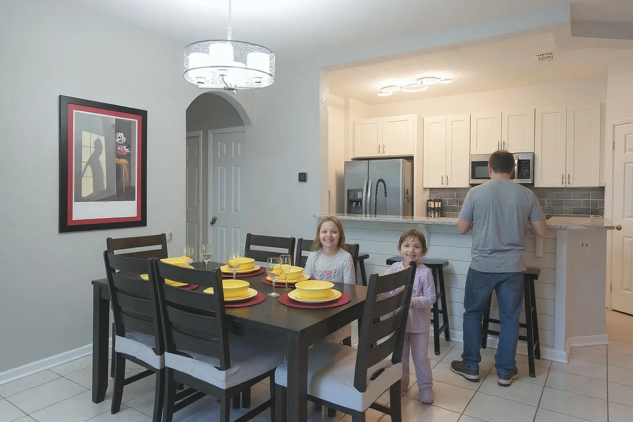 An ordinary dad flipping pancakes at the existing stove while two kids in pajamas wait at the existing dining table with plates, all