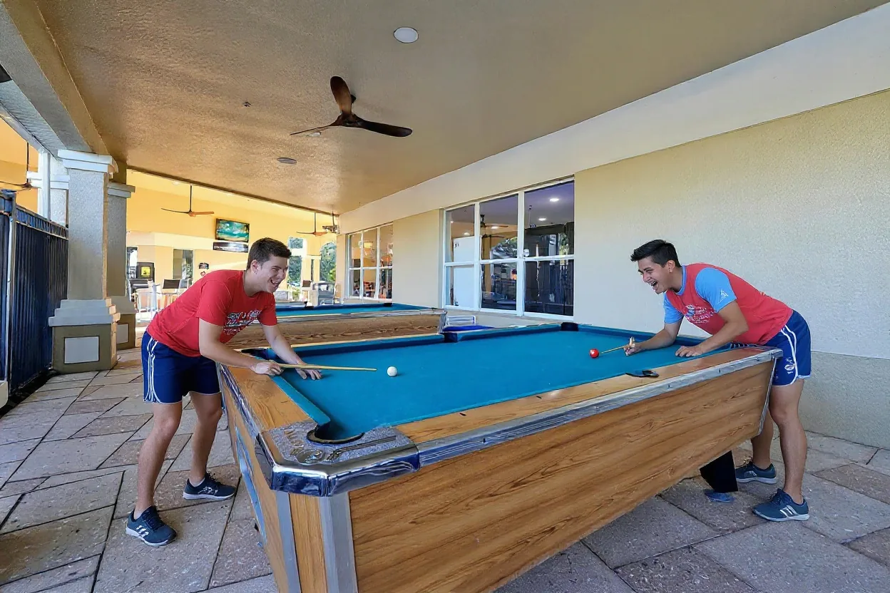 Two teenagers in swimsuits and t-shirts playing pool at the existing billiards table, one leaning over to take a shot, both laughing.