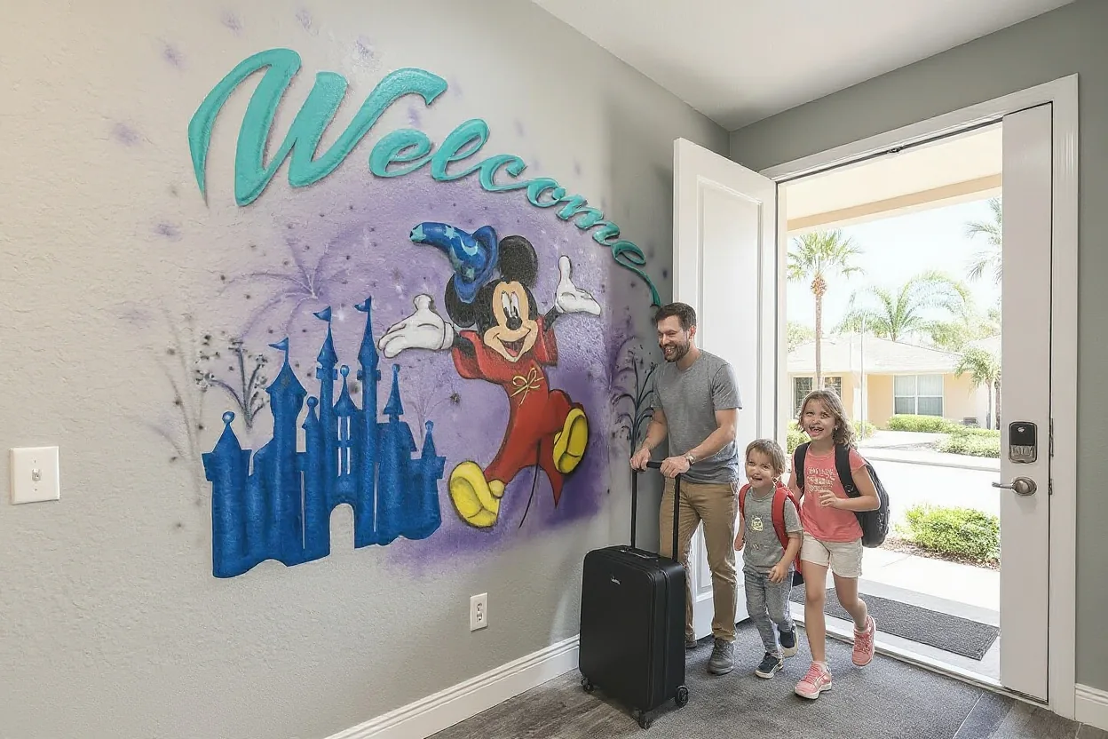 An ordinary family arriving: a dad rolling a suitcase through the open front door and two excited kids with backpacks stepping inside,