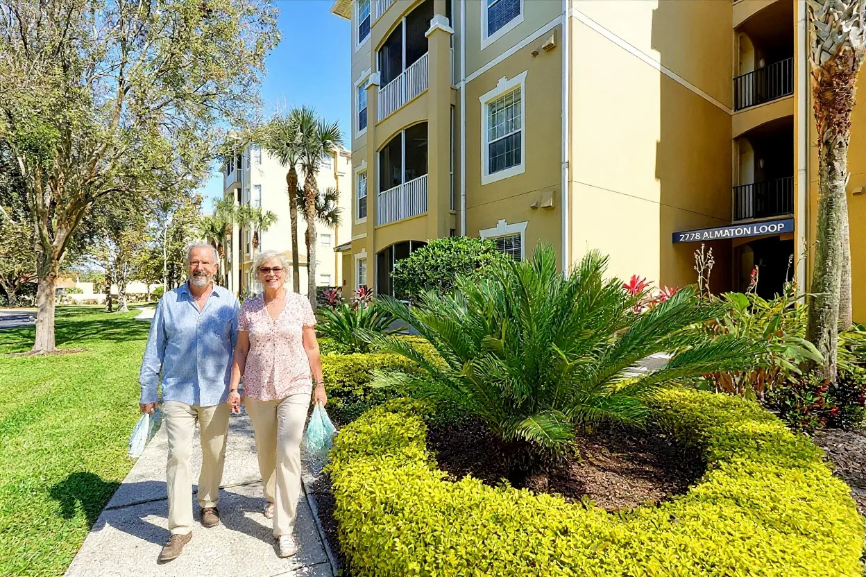 An ordinary couple in their fifties strolling along the existing walkway toward the pool with beach towels over their shoulders, relaxed