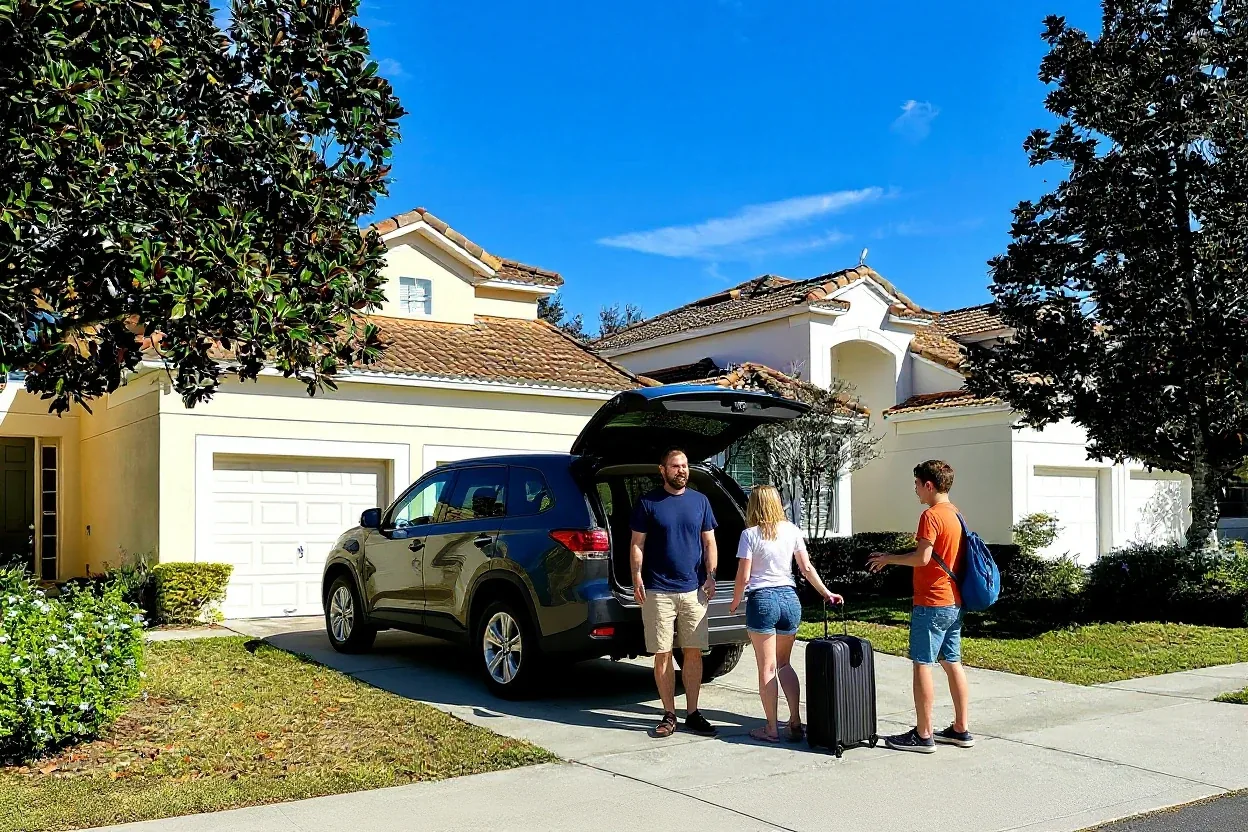 A family unloading suitcases from an SUV parked in the driveway of a Windsor Hills vacation home