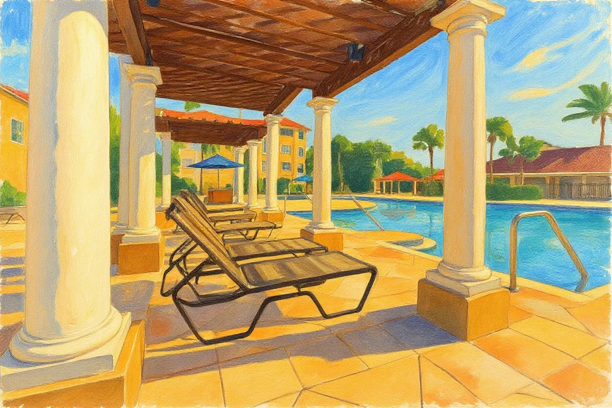 Storybook painting of lounge chairs under the pergola beside the Windsor Hills Resort pool
