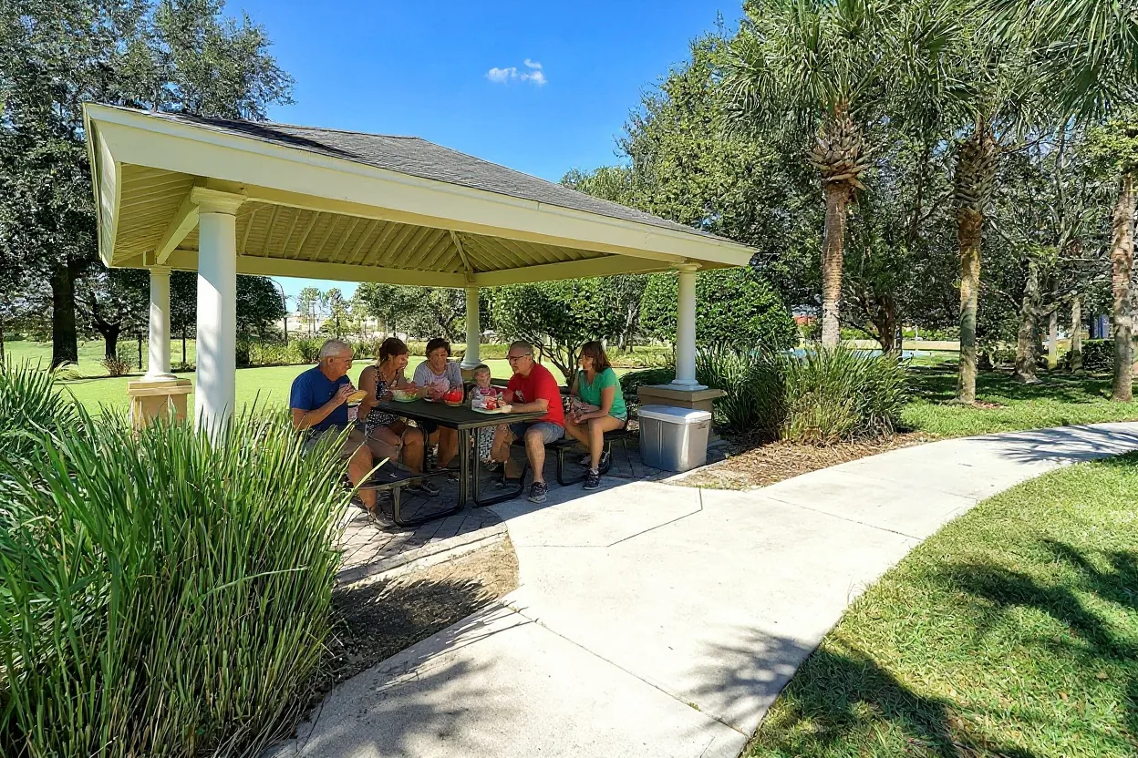 An extended family of eight having a picnic seated ONLY at the existing tables inside the pavilion roof: grandparents, parents and kids