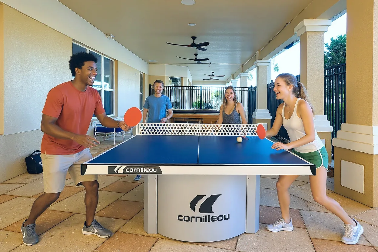 Two teenagers in shorts and plain t-shirts playing an energetic game of ping-pong at the existing table, one mid-swing, both laughing.