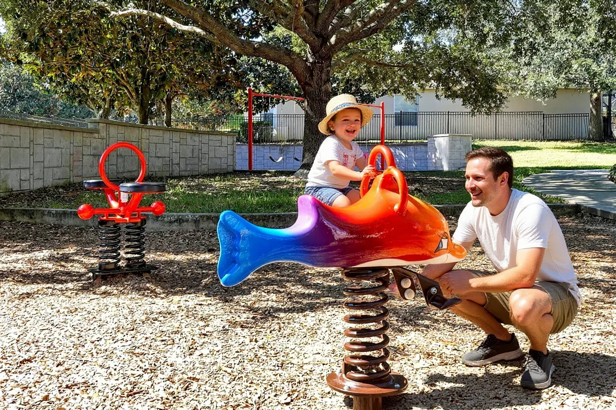 A happy toddler in a sun hat riding the existing spring rocker with an ordinary dad in a plain t-shirt crouching beside, holding on and