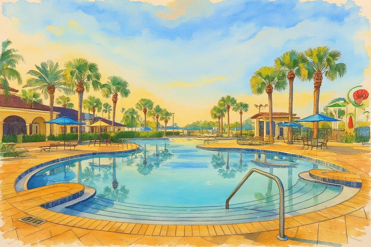 Storybook painting of the Windsor Hills Resort lagoon pool, cabanas and palm trees