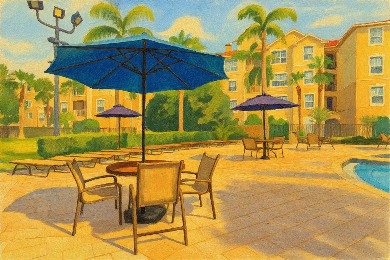 Storybook painting of shaded umbrella tables and loungers beside the Windsor Hills Resort pool