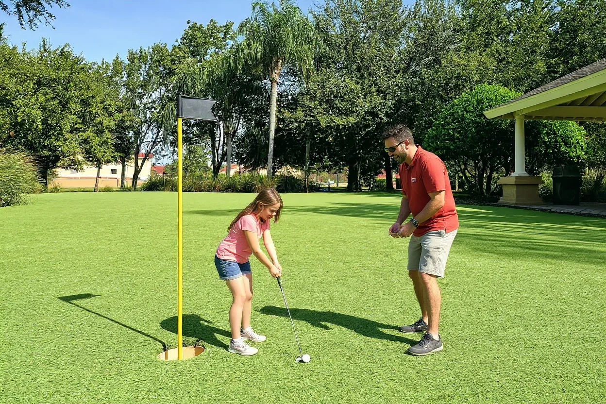 An ordinary dad and his young daughter on the existing putting green, the girl lining up a putt with a small club and the dad cheering, in