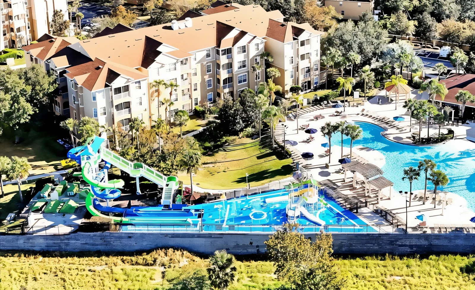 Aerial detail of the Windsor Hills Resort pool, water park and condos