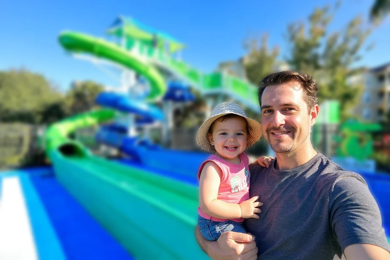 A dad holding his smiling toddler in a sun hat in front of the Windsor Hills Resort water slides