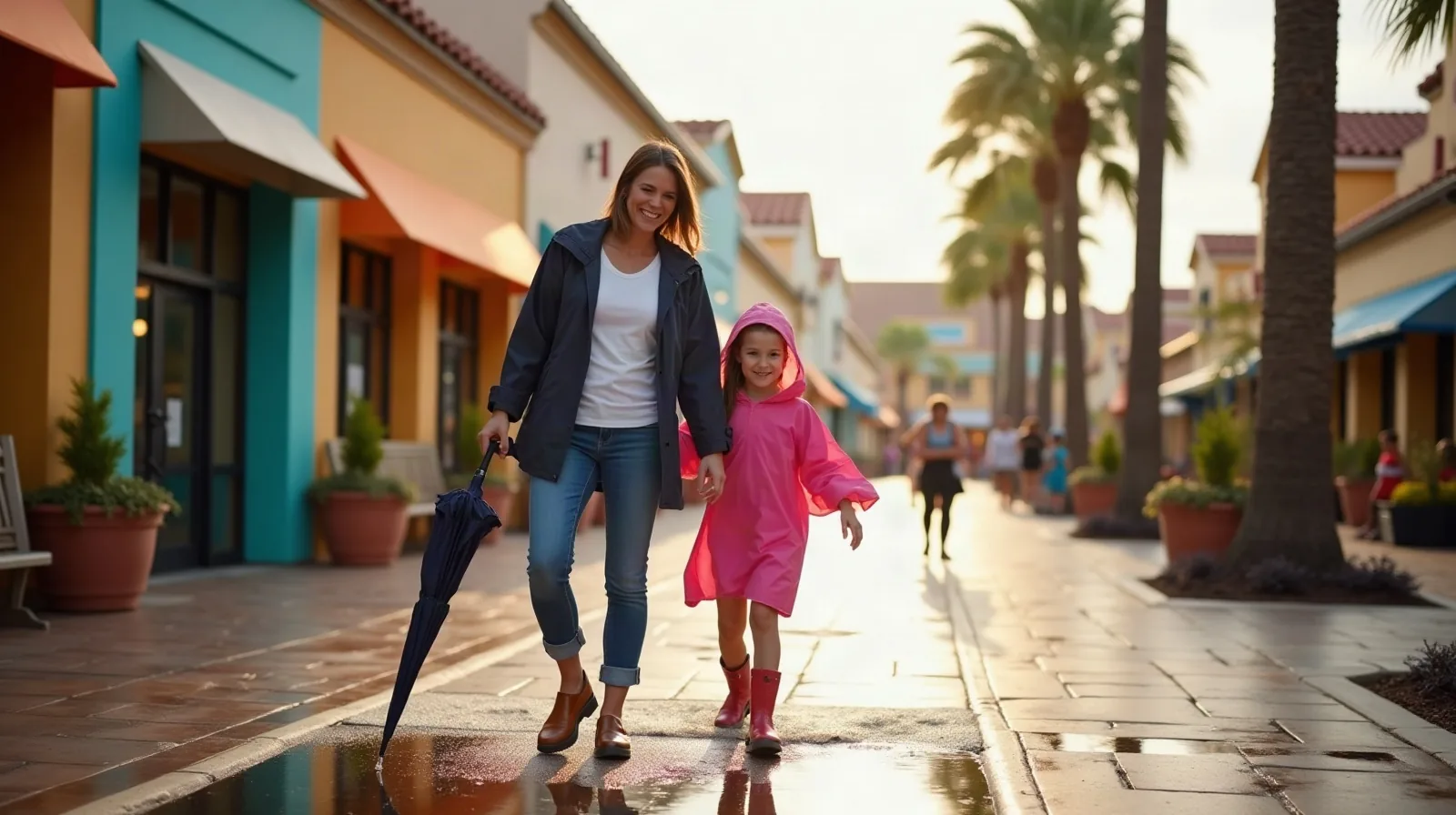 A mom and her daughter in rain gear splashing through a puddle on a sunny walkway after a Florida shower