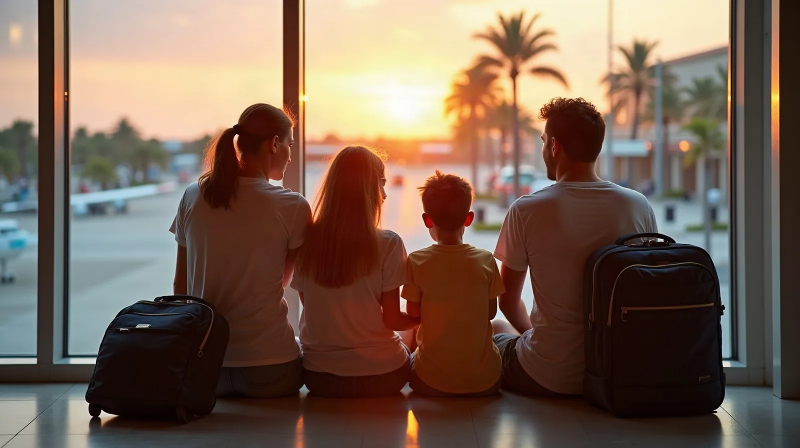 A tired but happy regular family sitting by a big airport window at sunset with carry-on bags and a stroller, kids in t-shirts leaning on their
