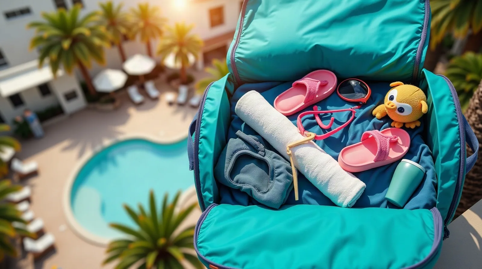 Overhead flat-lay close-up of an open turquoise duffel bag being packed for a Florida vacation: folded swimsuits, rash guards, flip-flops, goggles, a