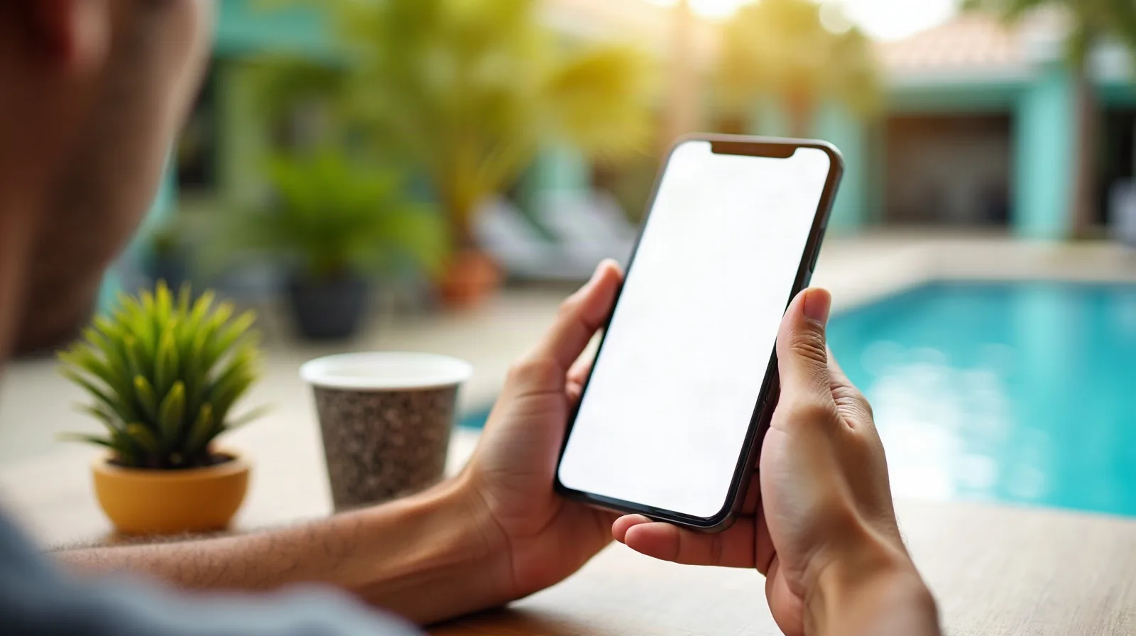 A parent planning a vacation on a phone at a sunny patio table