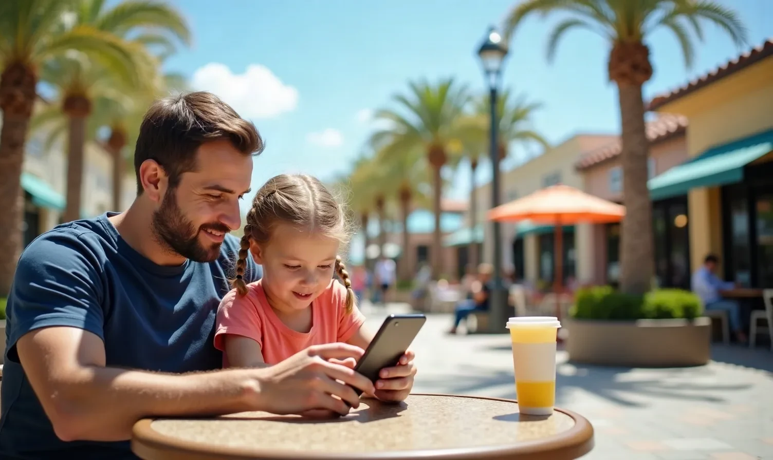 A dad and his young daughter checking tickets together on a phone at a sunny outdoor table