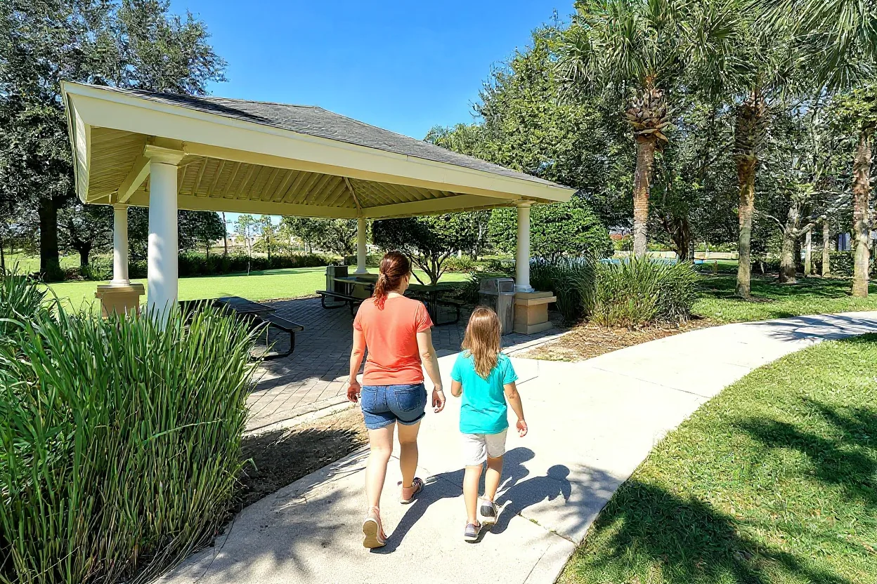 A mom and young daughter walking along a garden path toward the picnic pavilion at Windsor Hills