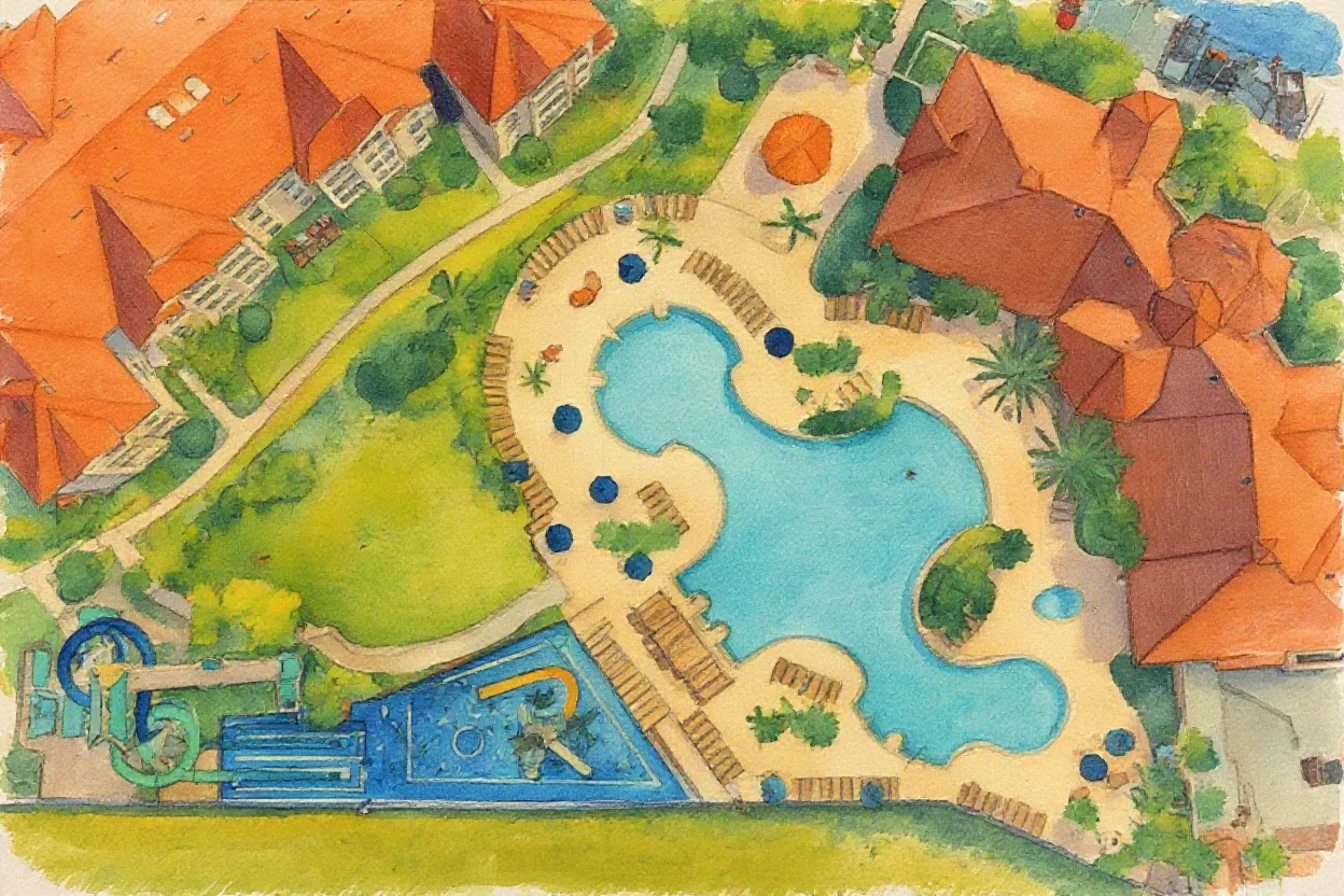 Storybook painting of the Windsor Hills Resort lagoon pool, water park and condo buildings from above