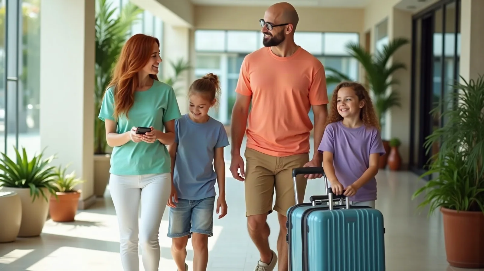 A family of four walking through a bright hotel lobby with a luggage cart and suitcases