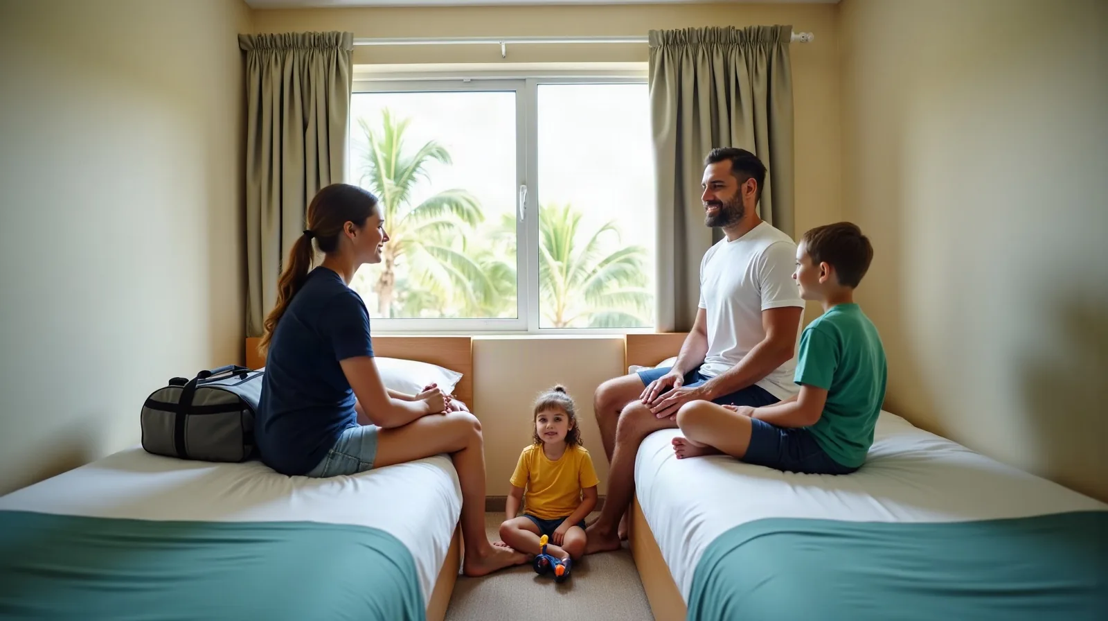 A family of four sitting on two beds in a compact hotel-style room with luggage
