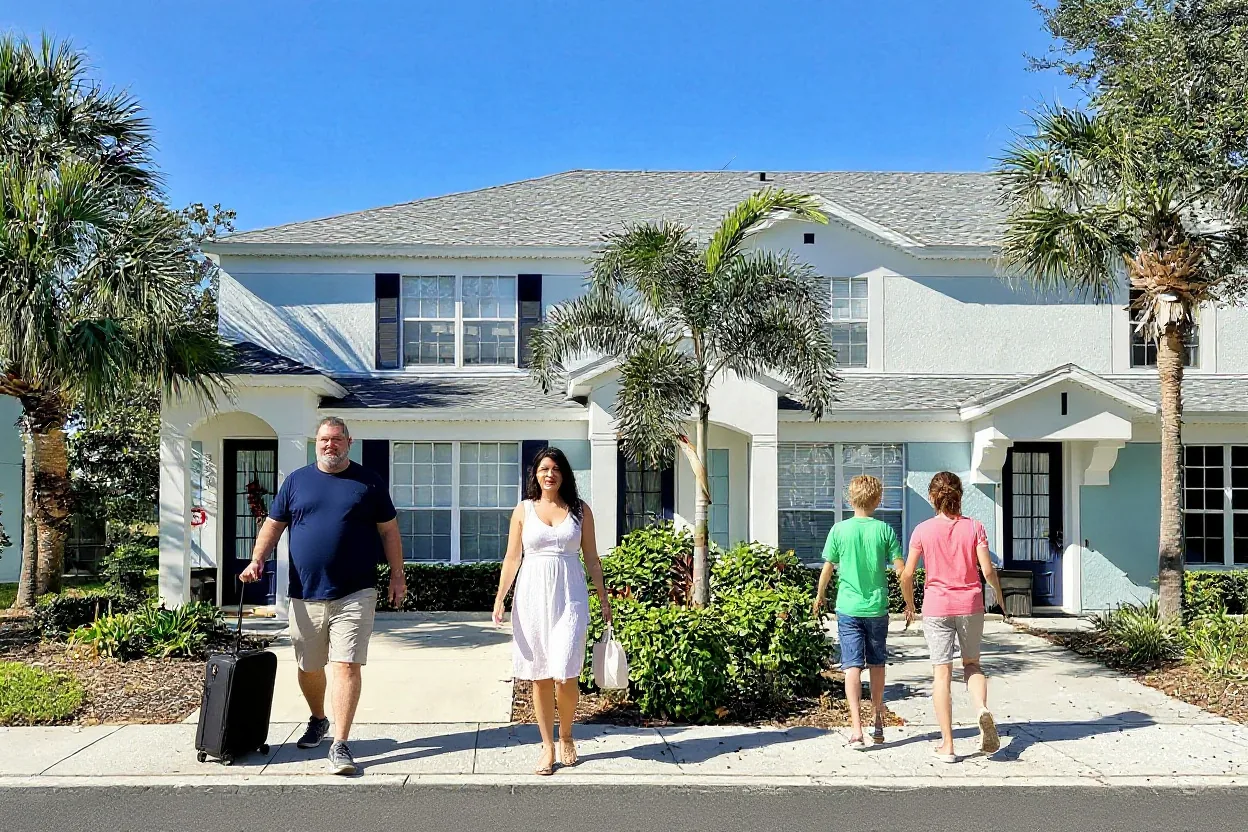 A family arriving with luggage at a Windsor Hills townhouse