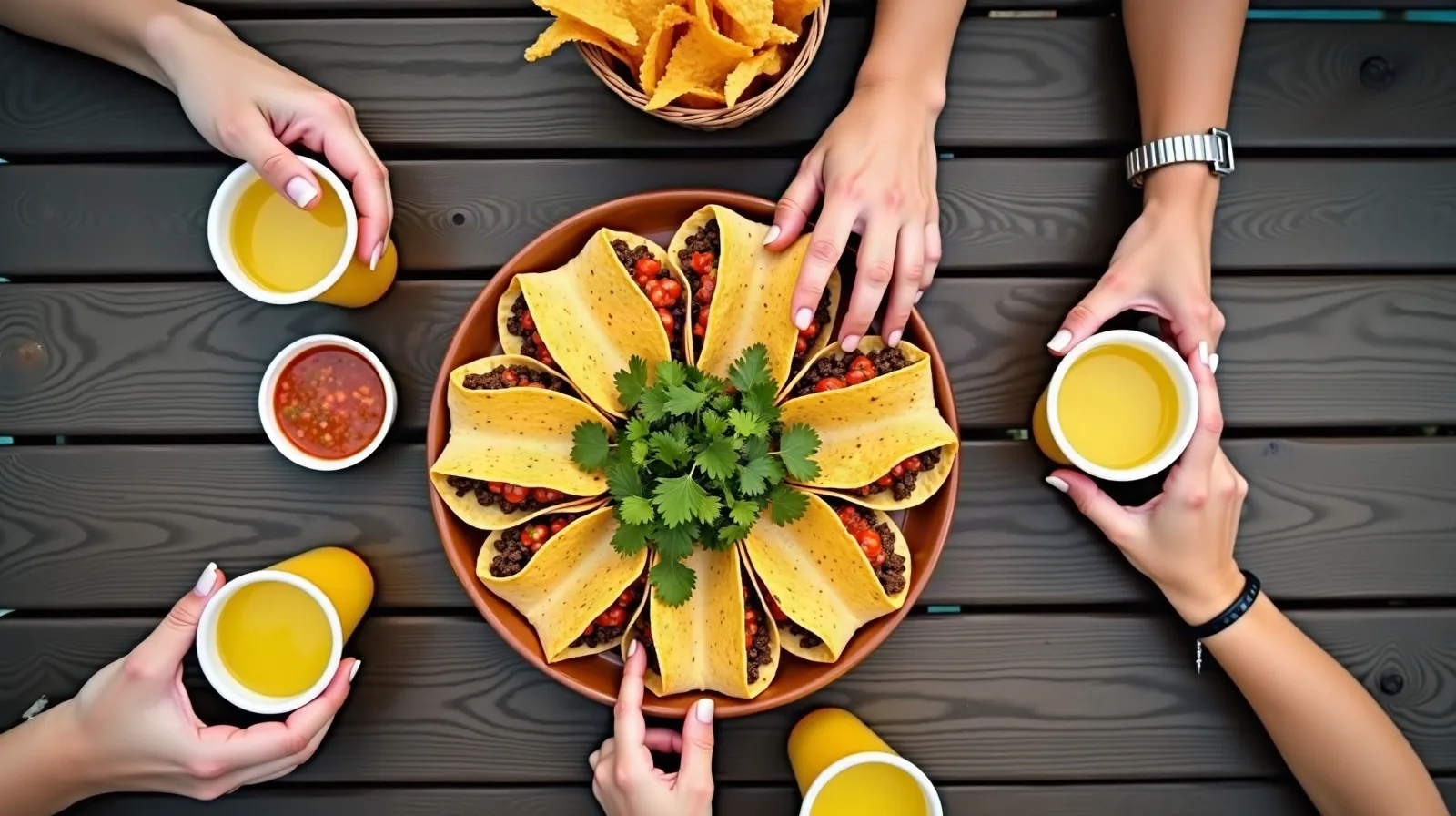 Hands reaching for tacos, chips and lemonade on a picnic table