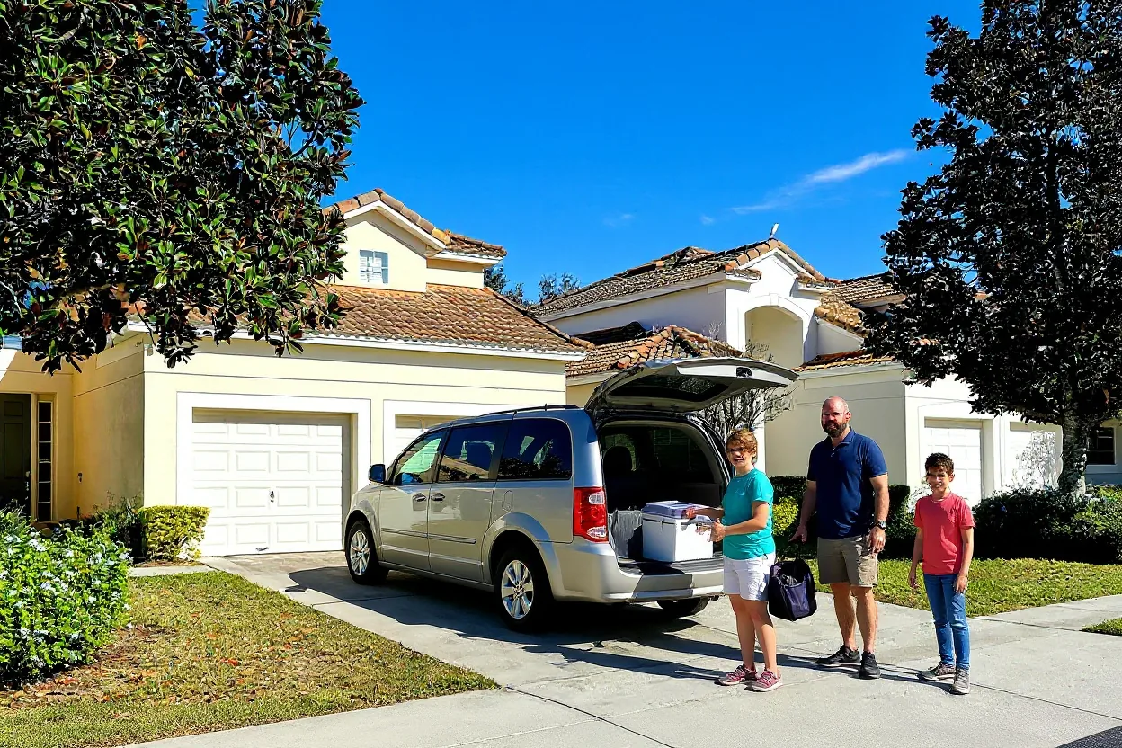 A family loading a minivan in the driveway of a Windsor Hills vacation home before a Disney park day