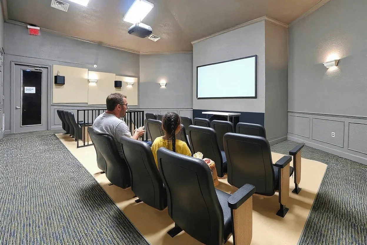 A dad and daughter with popcorn watching a movie in the Windsor Hills clubhouse theater