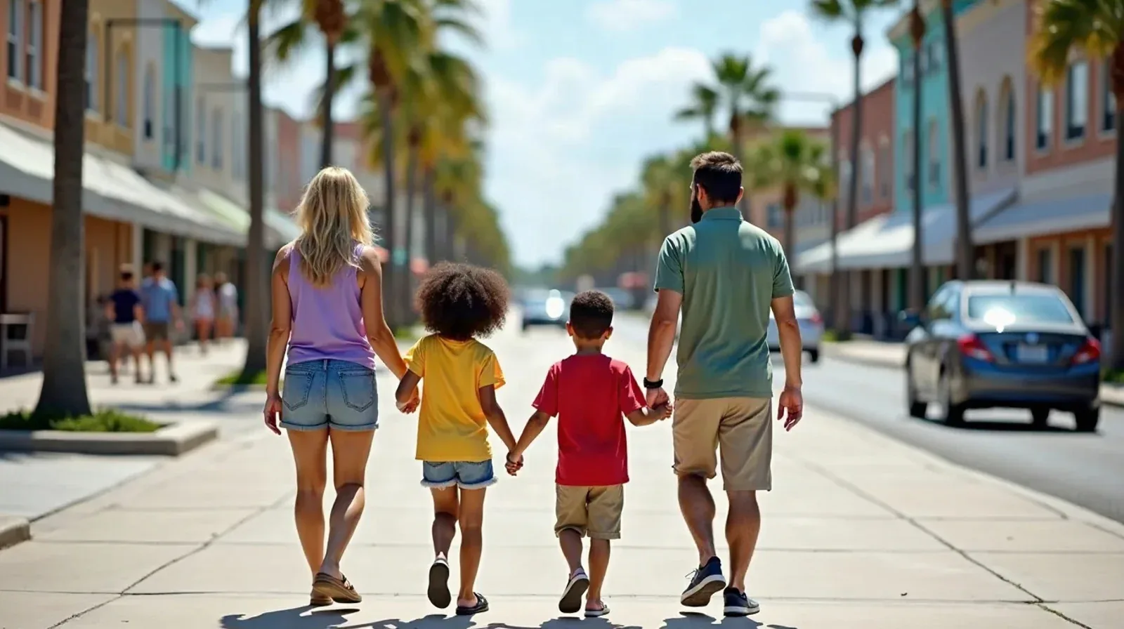 A family walking hand in hand along a palm-lined tourist boulevard