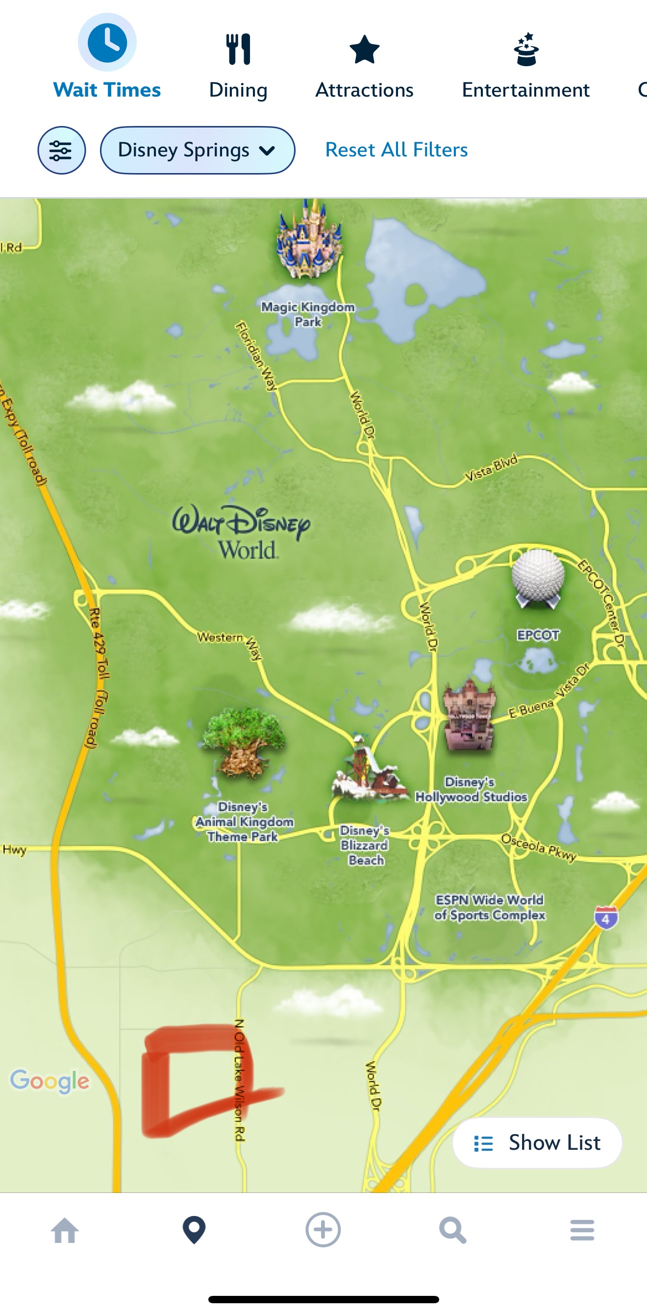 The Disney World app map showing Windsor Hills Resort's proximity to the theme parks
