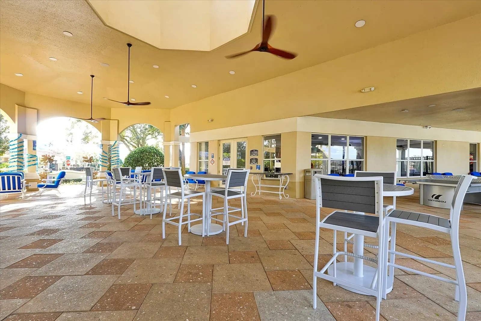 Bar-height tables on the Windsor Hills Resort clubhouse patio